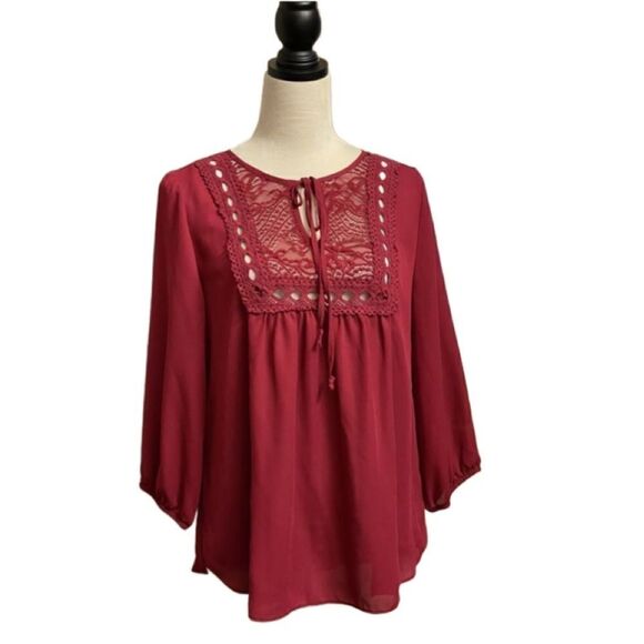 Iz Byer Red Pullover Blouse w/Lace Top & Elastics on Sleeves (Size: Large) - Picture 1 of 14